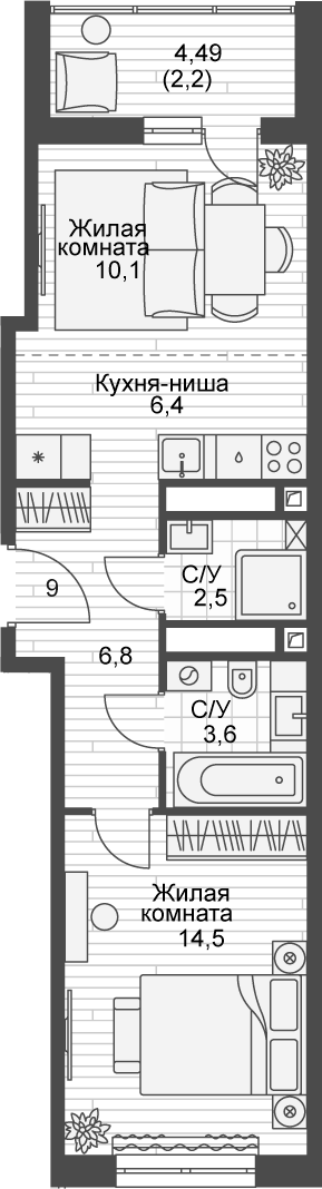 Планировка — Форест, 2-комн., 44 м²