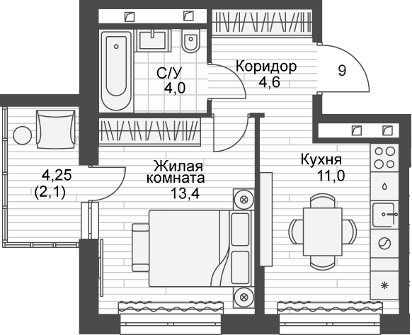 Планировка — Форест, 1-комн., 44 м²