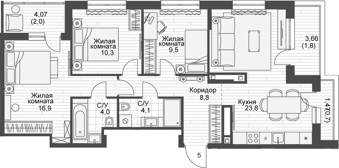 Планировка — Форест, 3-комн., 77 м²