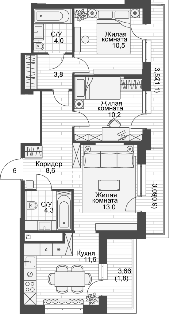 Планировка — Форест, 3-комн., 66 м²
