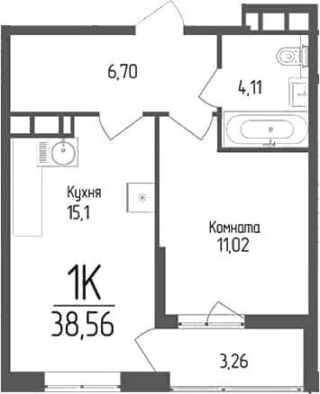 Планировка — Кумир, 1-комн., 37 м²
