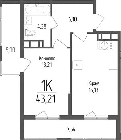 Планировка — Кумир, 1-комн., 38 м²