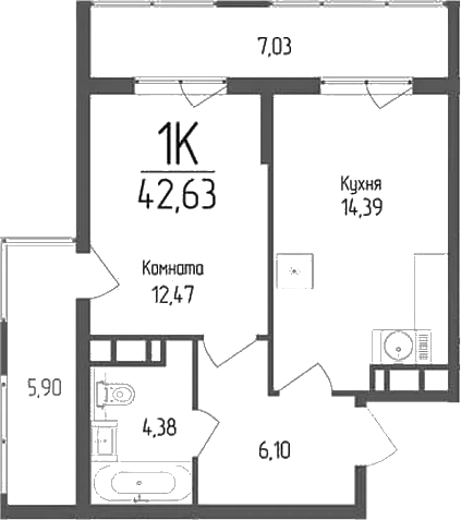 Планировка — Кумир, 1-комн., 37 м²