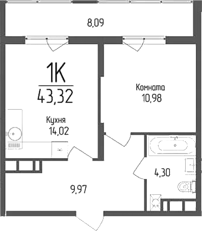 Планировка — Кумир, 1-комн., 39 м²