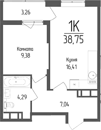 Планировка — Кумир, 1-комн., 37 м²