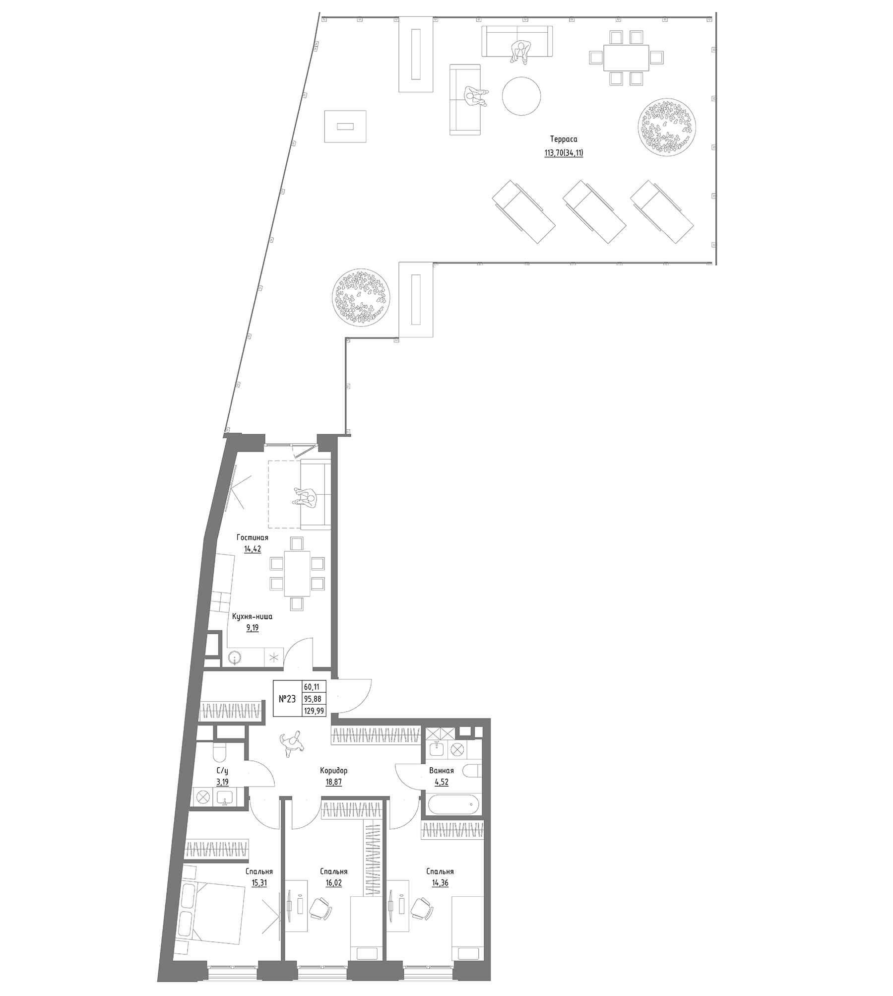 Планировка — Резиденция на Сары Садыковой, 3-комн., 96 м²