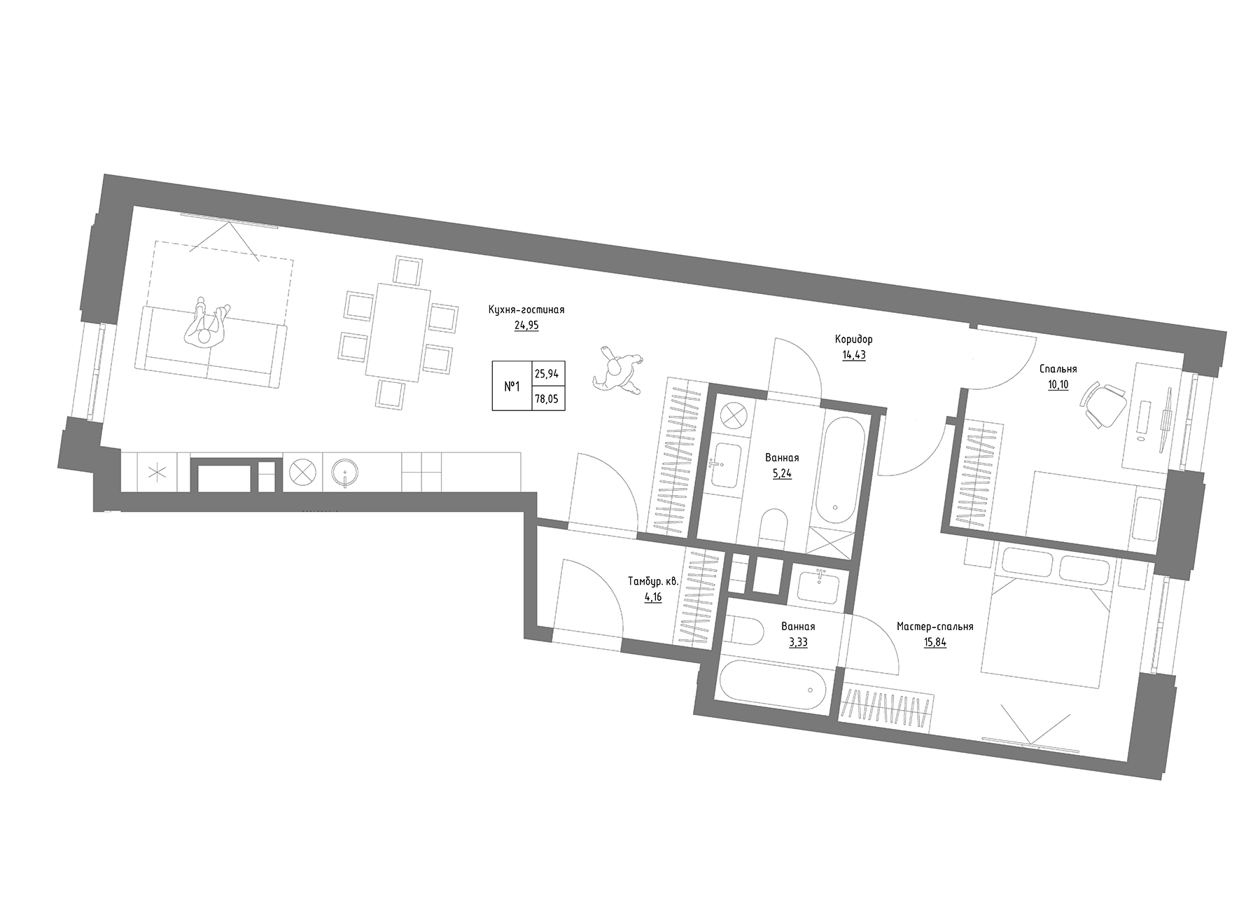 Планировка — Резиденция на Сары Садыковой, 2-комн., 78 м²
