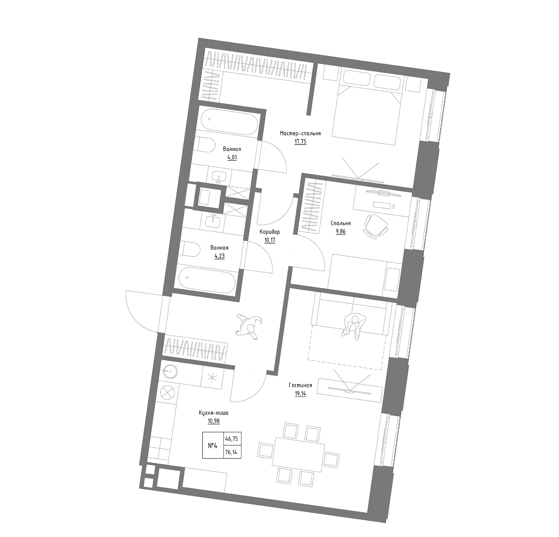 Планировка — Резиденция на Сары Садыковой, 2-комн., 76 м²