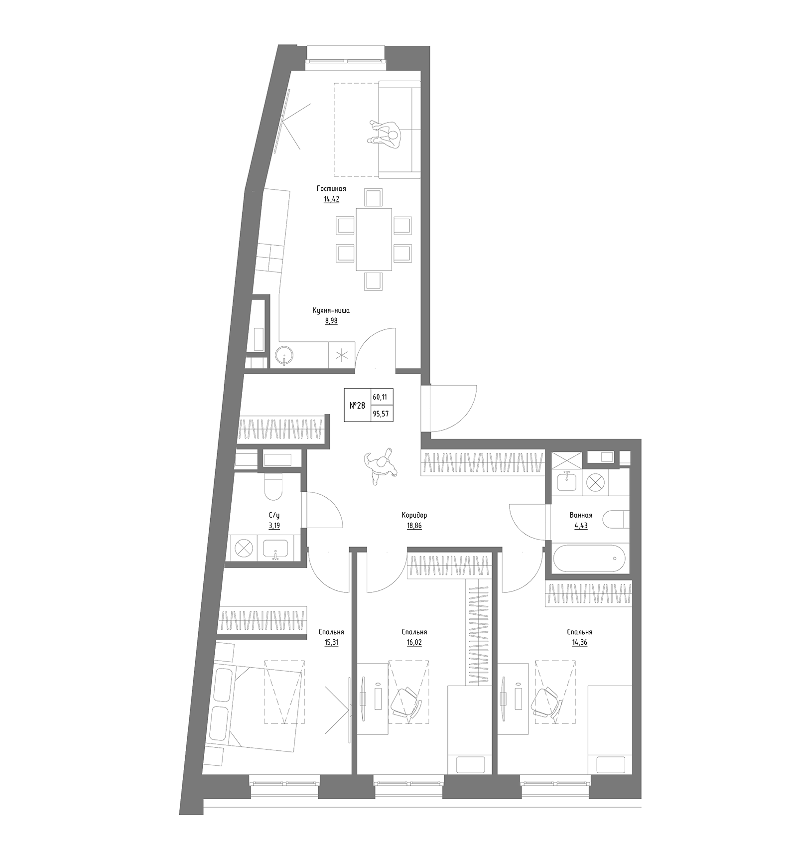 Планировка — Резиденция на Сары Садыковой, 3-комн., 96 м²
