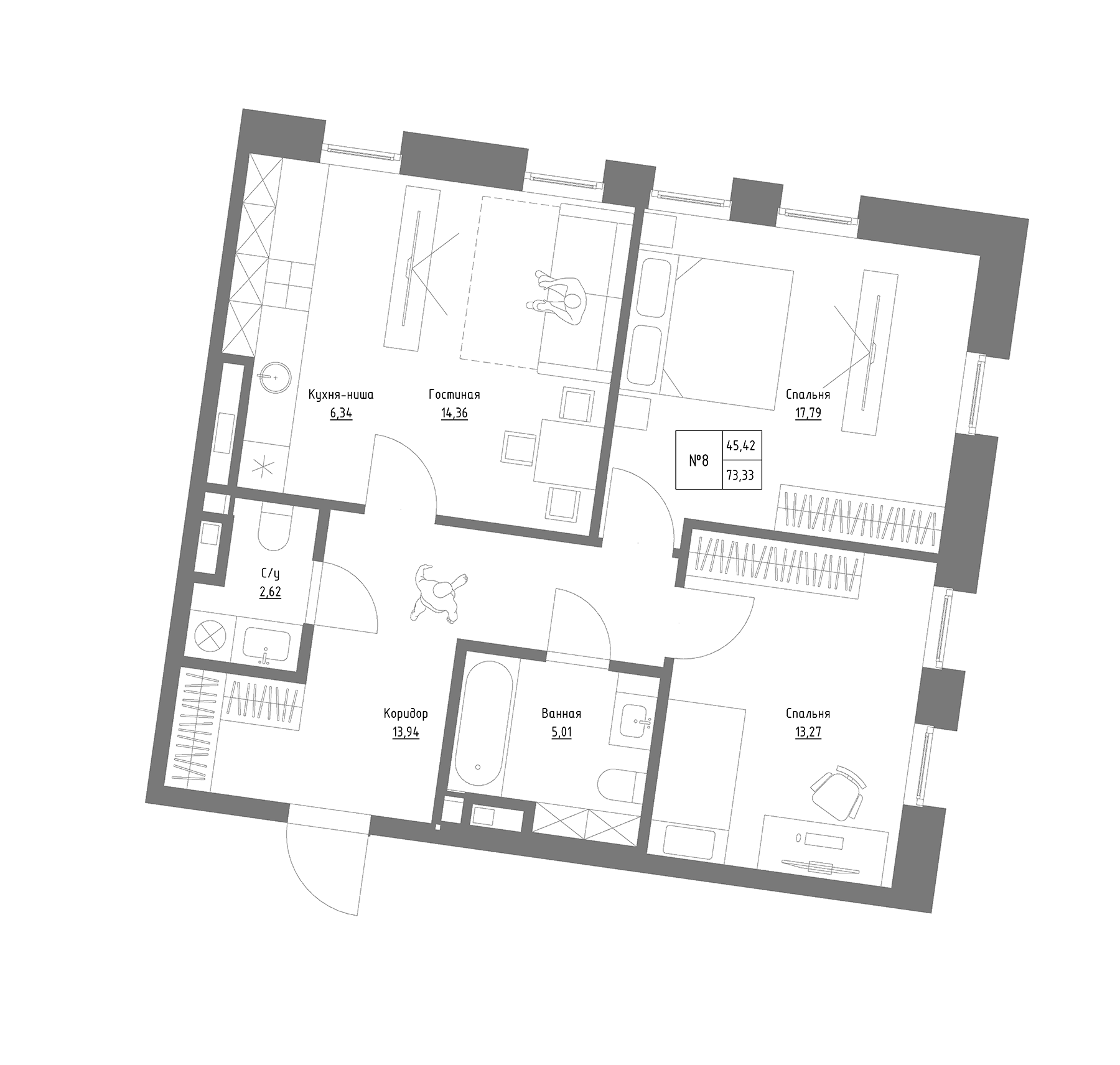 Планировка — Резиденция на Сары Садыковой, 2-комн., 73 м²