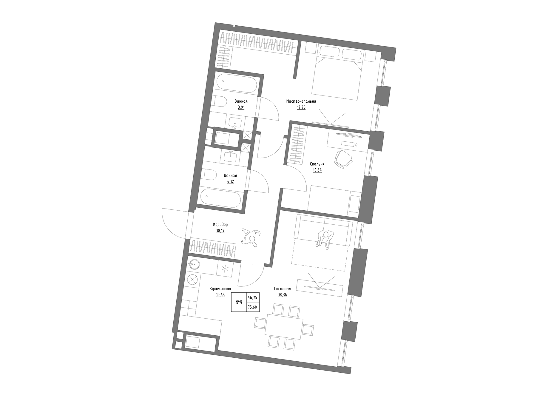 Планировка — Резиденция на Сары Садыковой, 2-комн., 76 м²