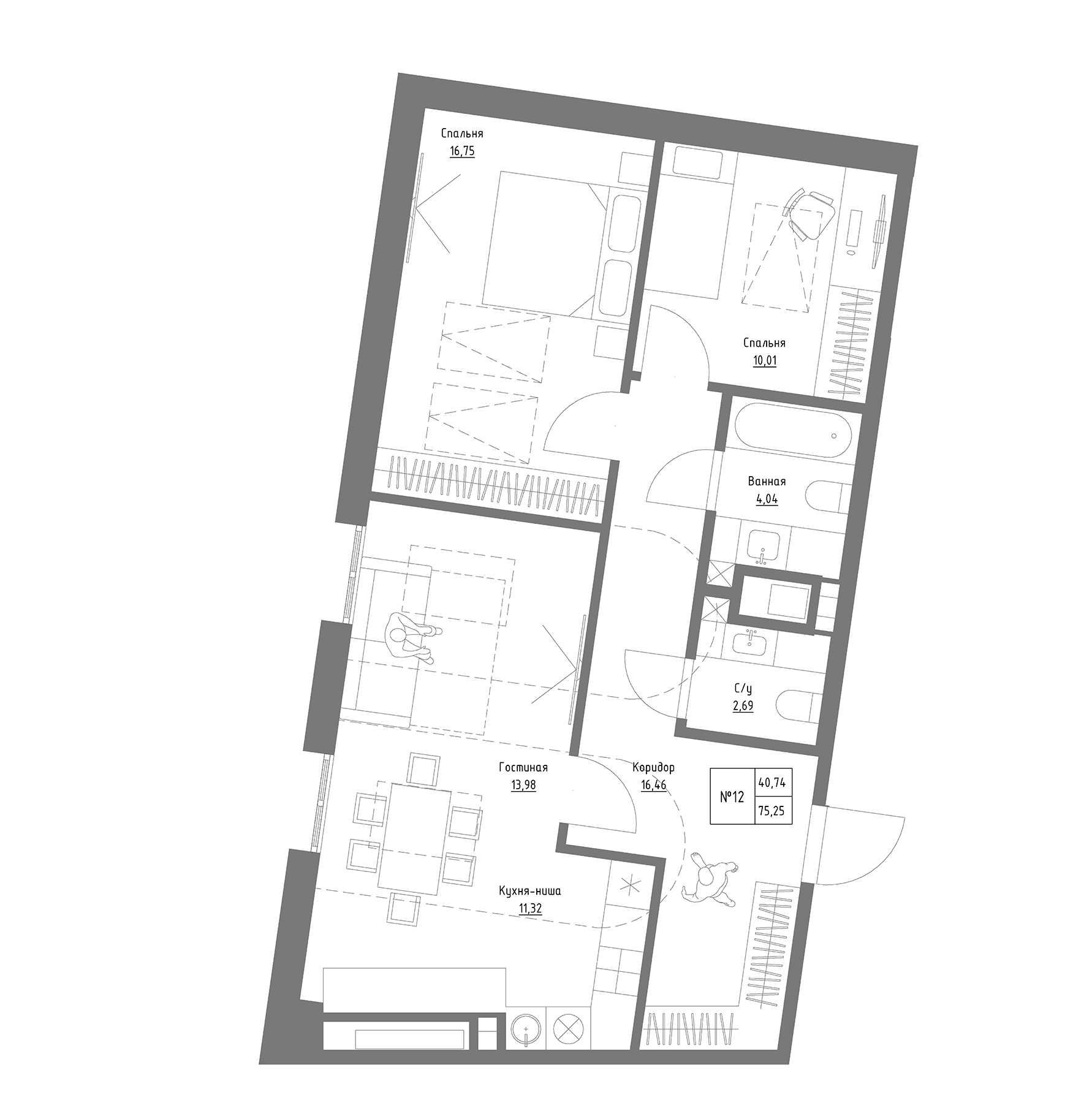 Планировка — Резиденция на Сары Садыковой, 2-комн., 75 м²