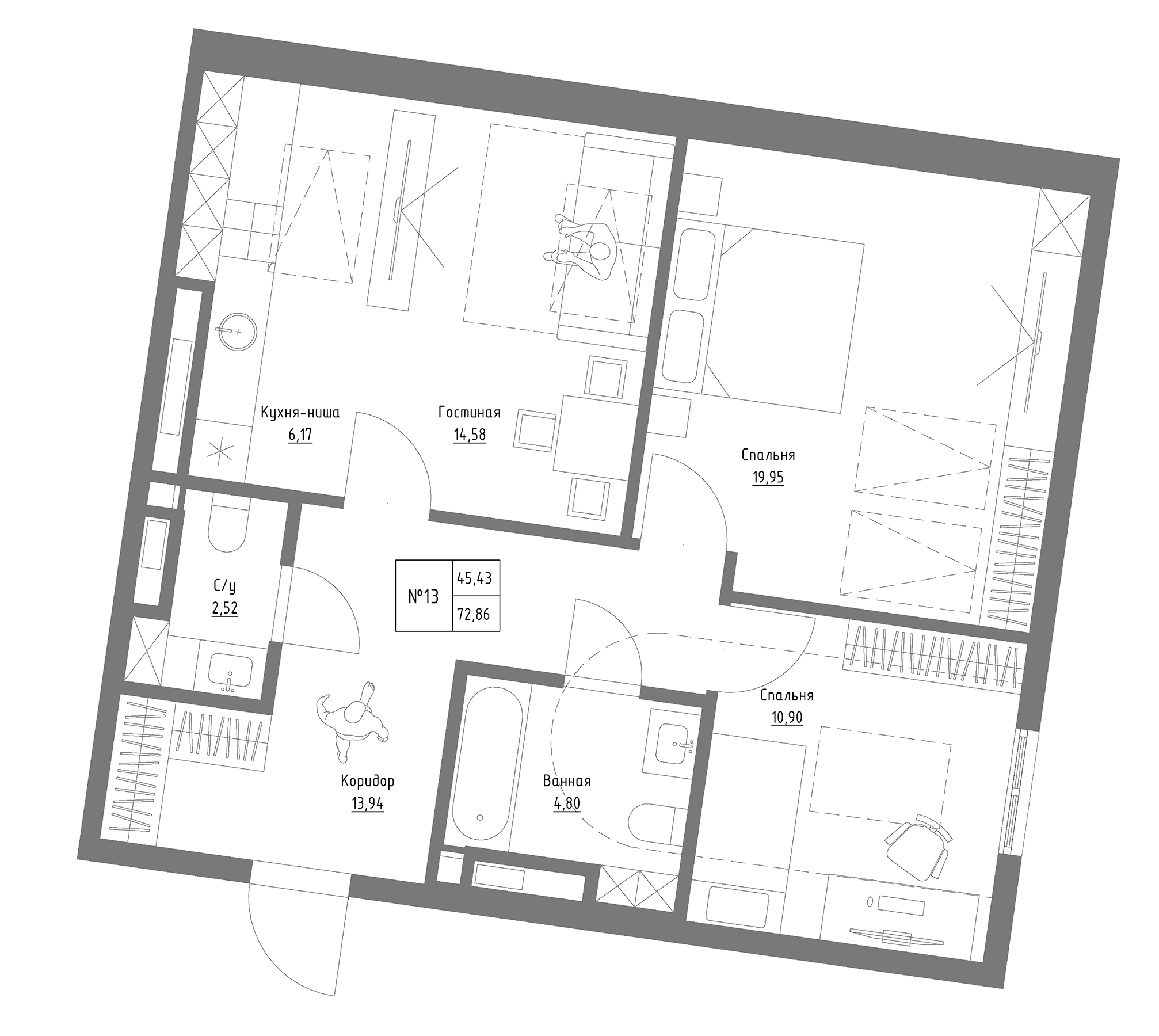 Планировка — Резиденция на Сары Садыковой, 2-комн., 73 м²