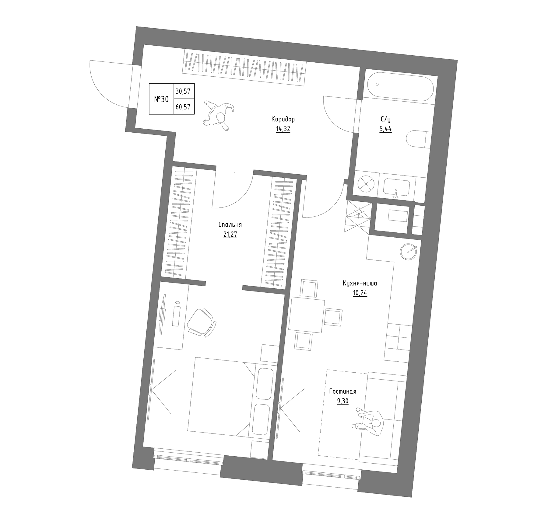 Планировка — Резиденция на Сары Садыковой, 1-комн., 61 м²