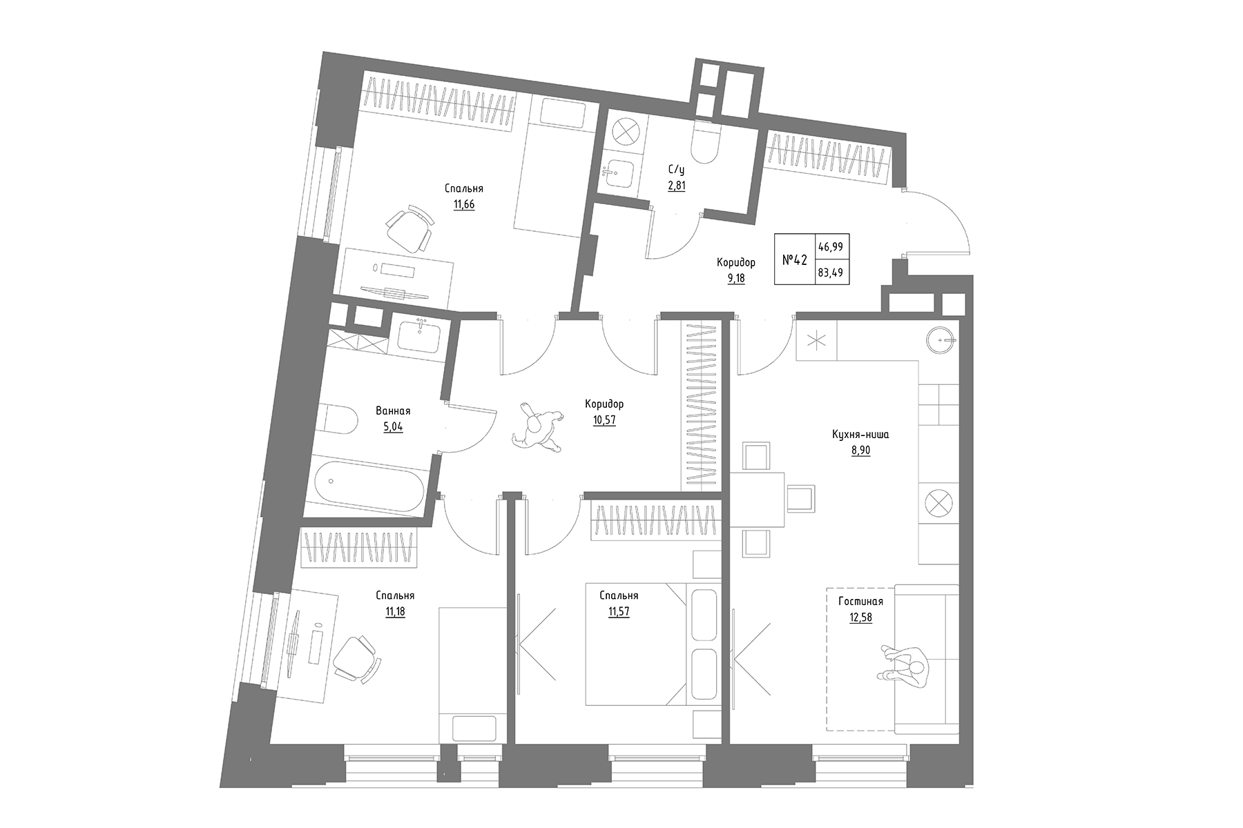 Планировка — Резиденция на Сары Садыковой, 3-комн., 83 м²