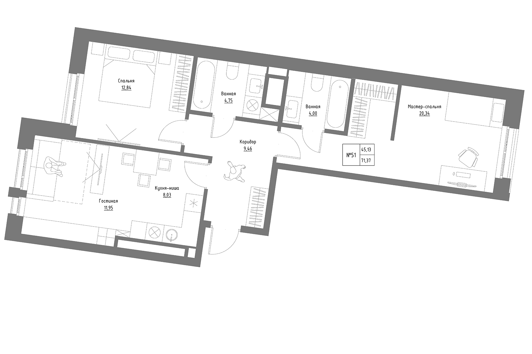 Планировка — Резиденция на Сары Садыковой, 2-комн., 71 м²