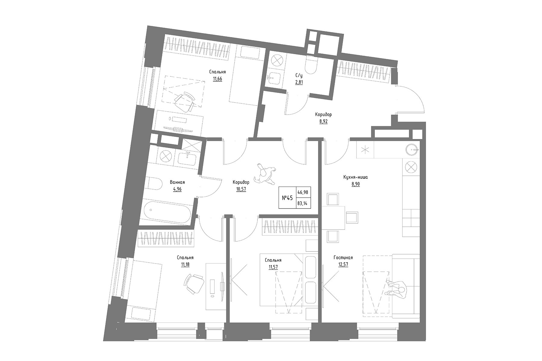 Планировка — Резиденция на Сары Садыковой, 3-комн., 83 м²
