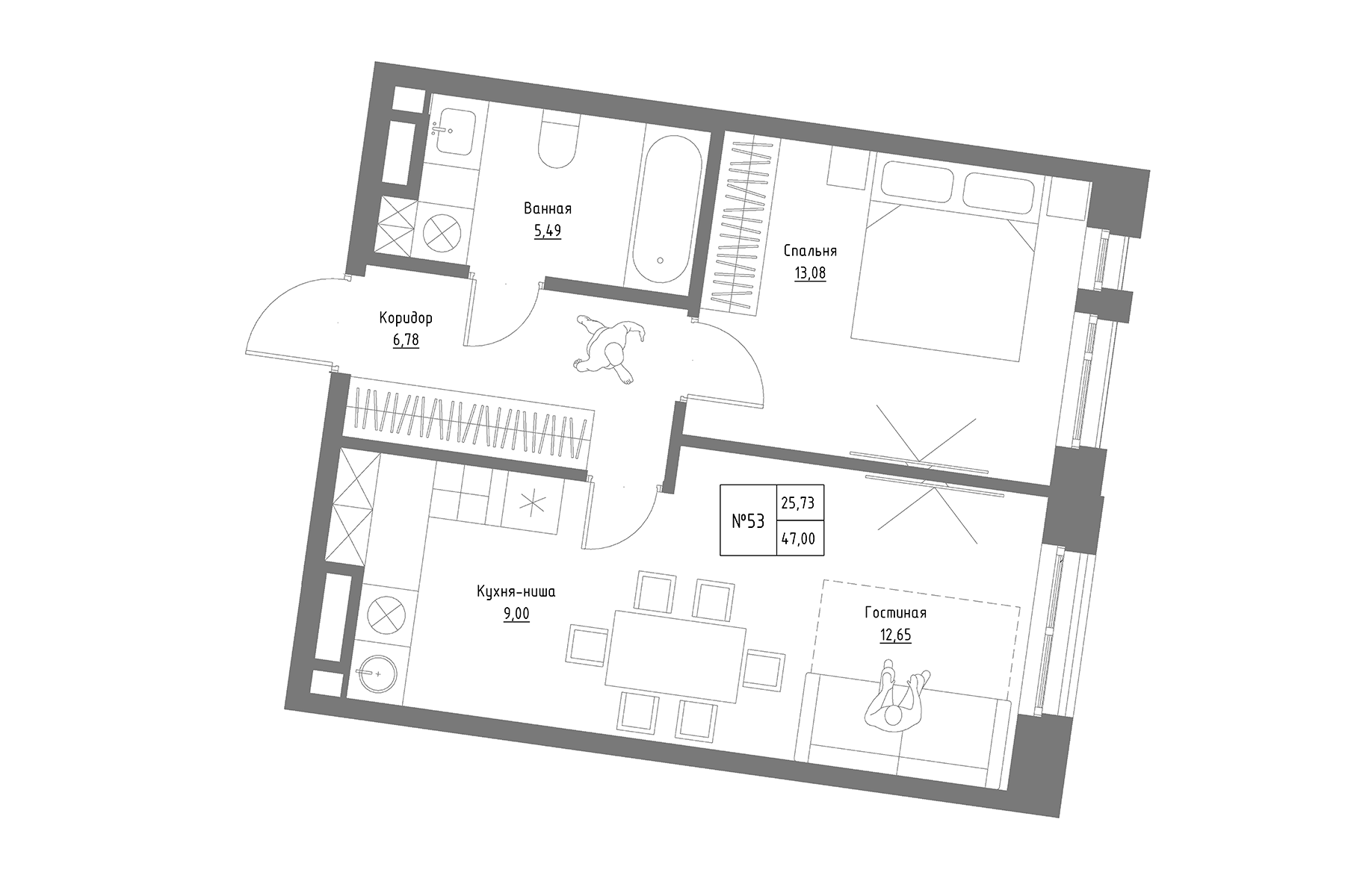 Планировка — Резиденция на Сары Садыковой, 1-комн., 47 м²