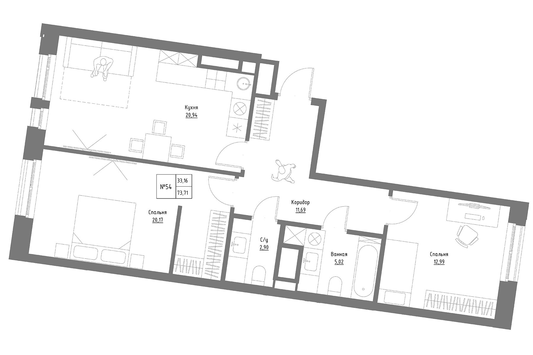 Планировка — Резиденция на Сары Садыковой, 2-комн., 74 м²