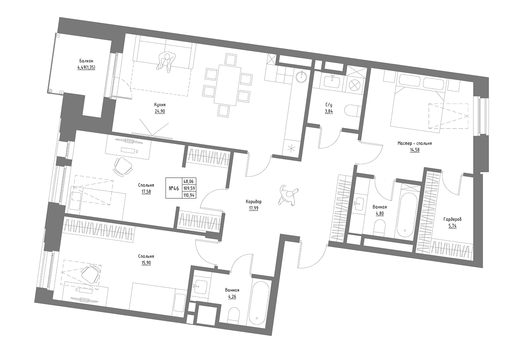 Планировка — Резиденция на Сары Садыковой, 3-комн., 110 м²