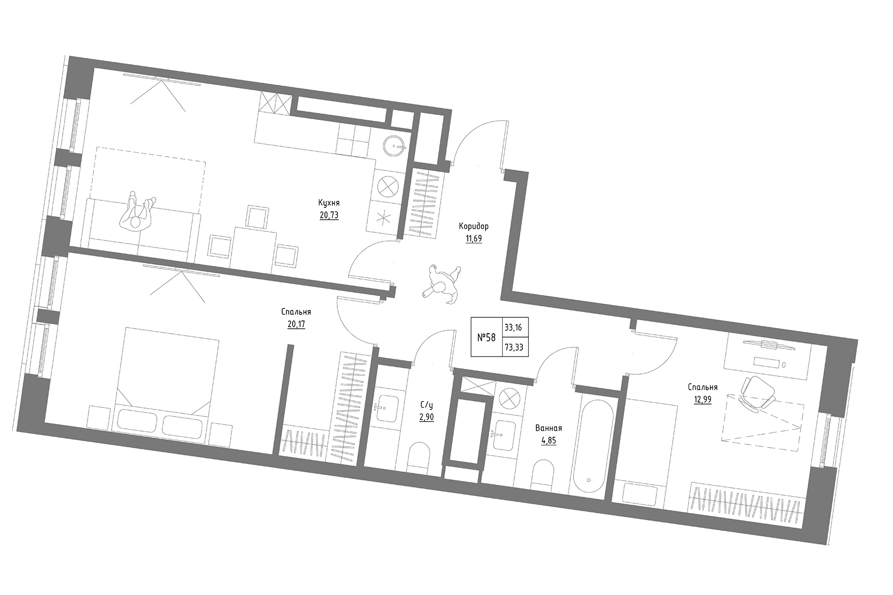 Планировка — Резиденция на Сары Садыковой, 2-комн., 73 м²