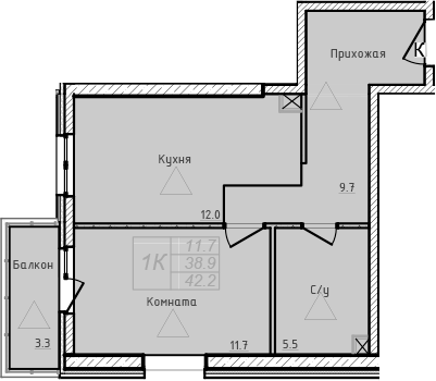 Планировка — Academia, 1-комн., 39 м²