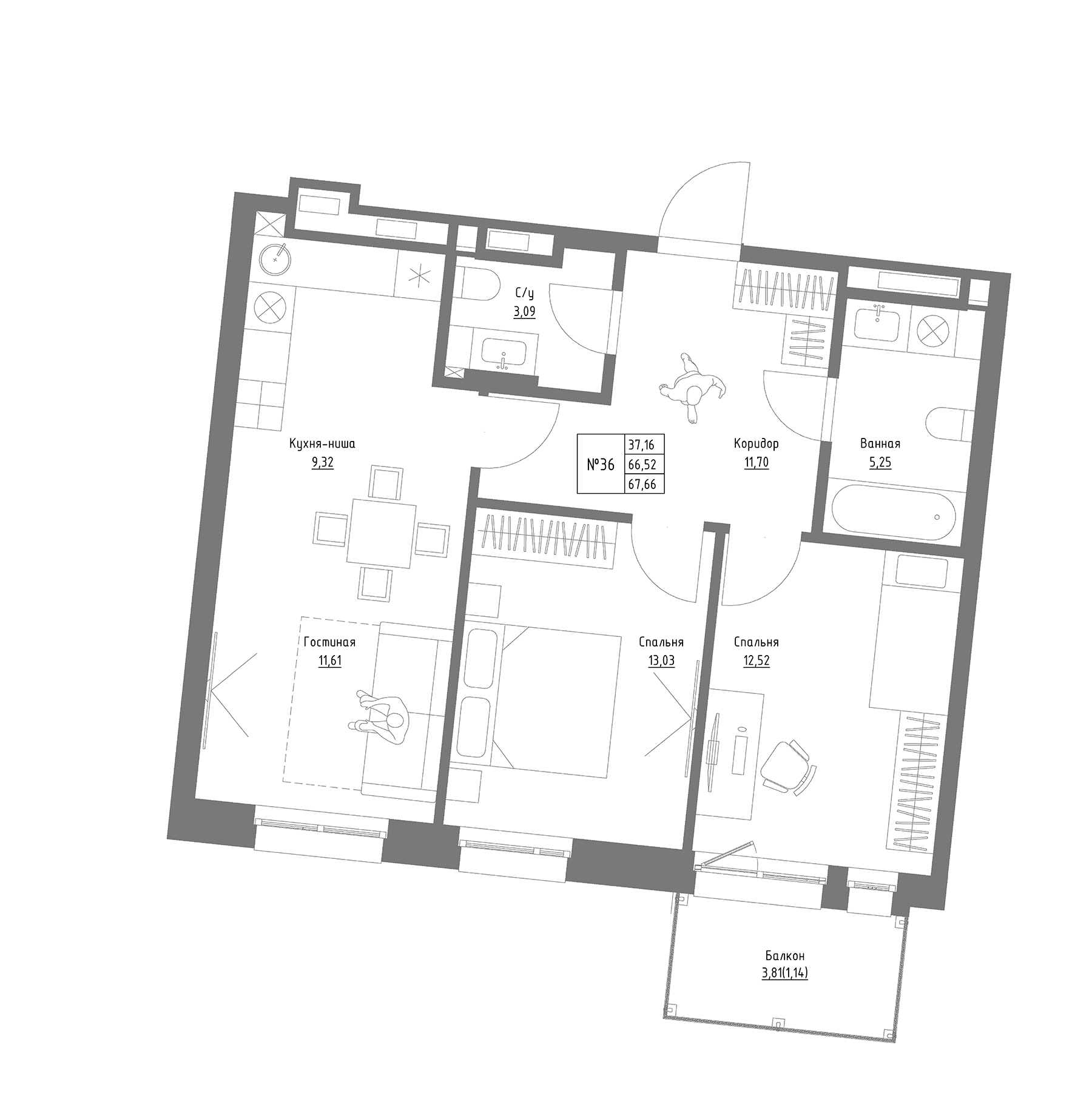 Планировка — Резиденция на Сары Садыковой, 2-комн., 67 м²