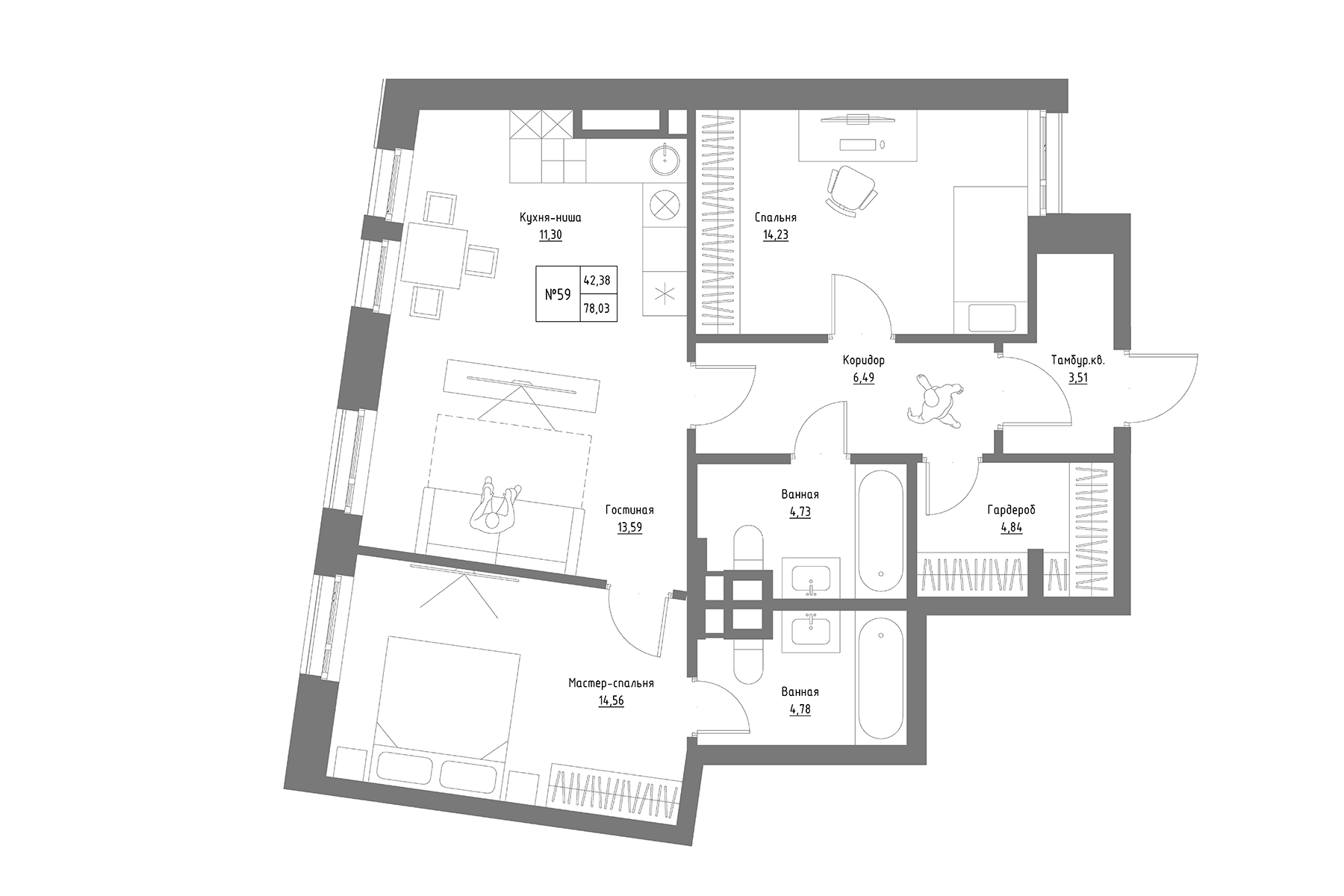 Планировка — Резиденция на Сары Садыковой, 3-комн., 78 м²