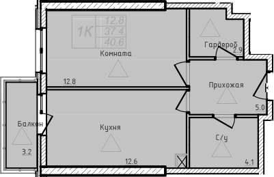 Планировка — Academia, 1-комн., 37 м²