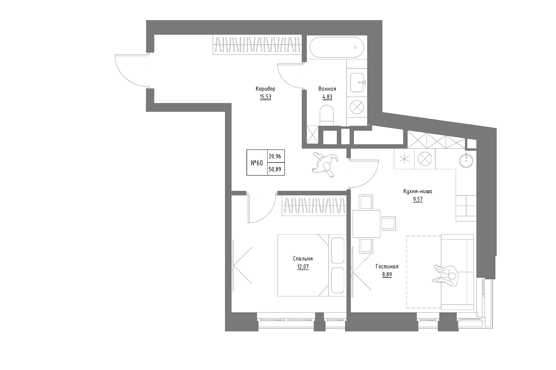 Планировка — Резиденция на Сары Садыковой, 2-комн., 51 м²