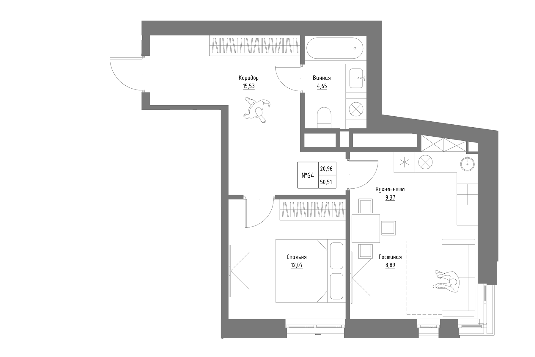 Планировка — Резиденция на Сары Садыковой, 2-комн., 51 м²
