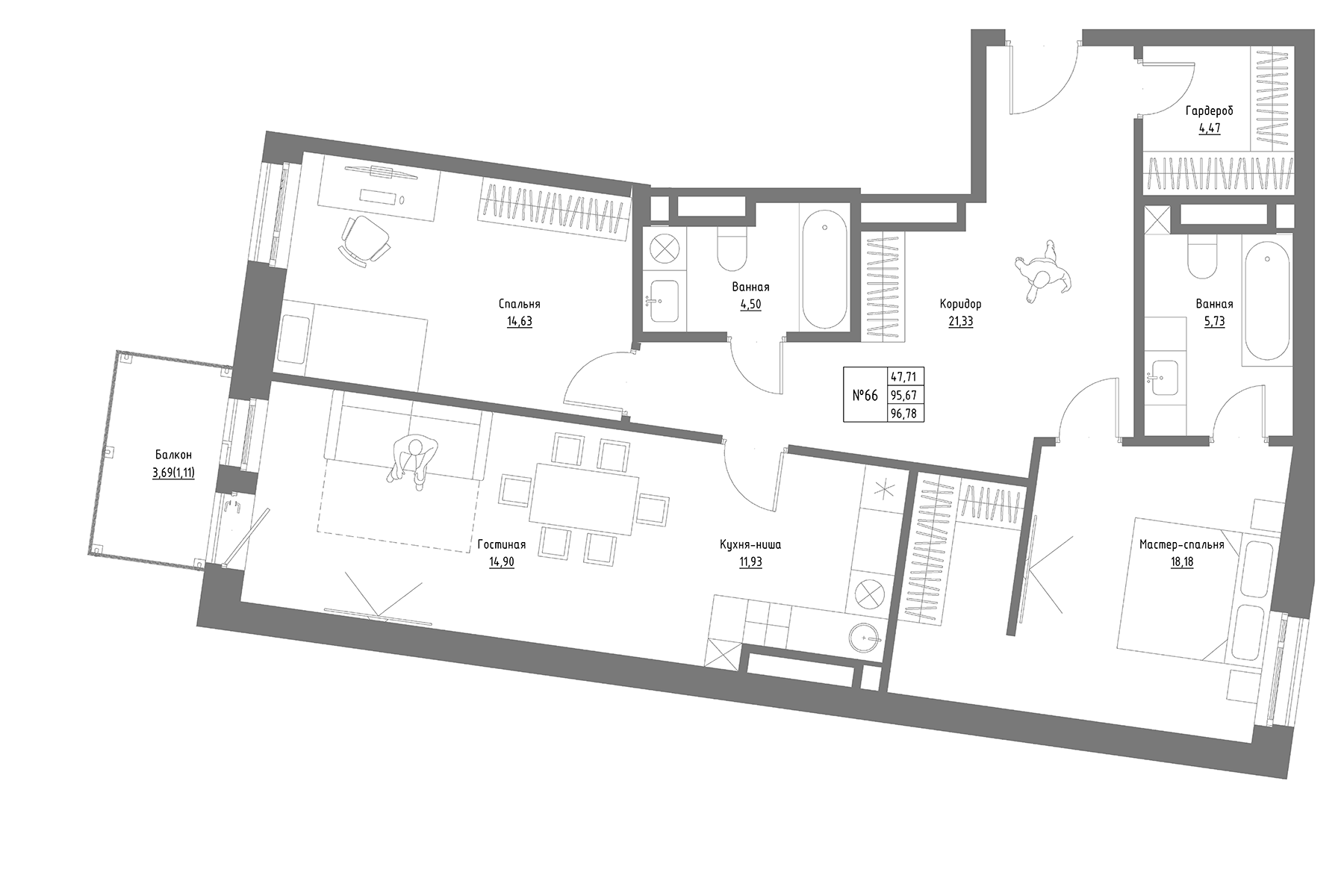 Планировка — Резиденция на Сары Садыковой, 3-комн., 96 м²
