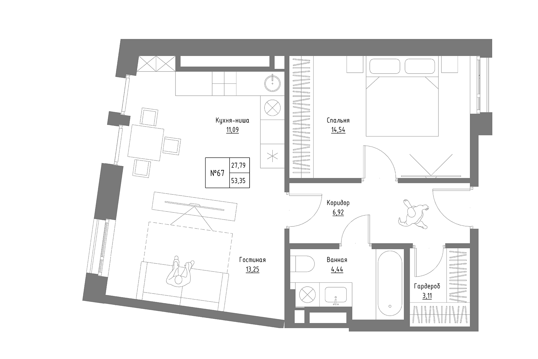 Планировка — Резиденция на Сары Садыковой, 2-комн., 53 м²