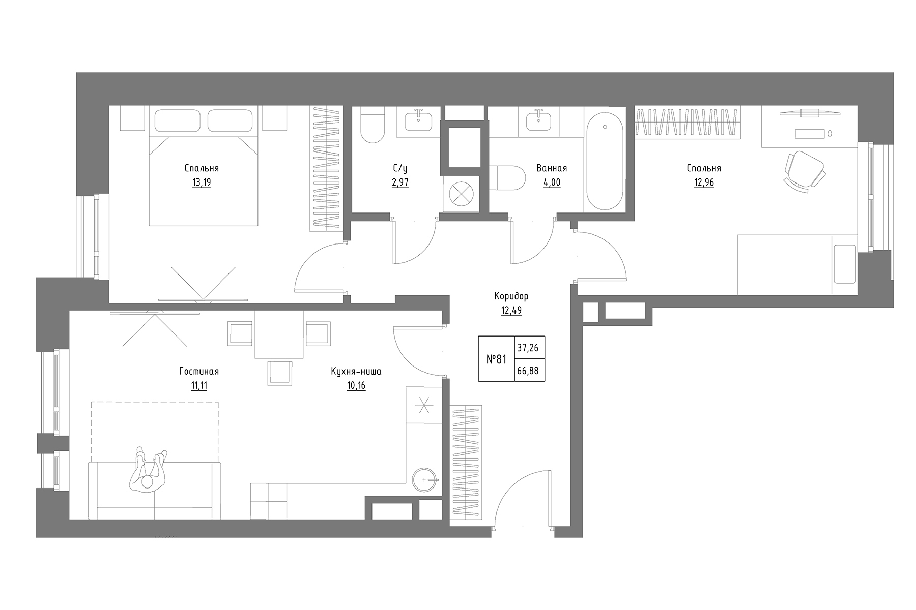 Планировка — Резиденция на Сары Садыковой, 3-комн., 67 м²