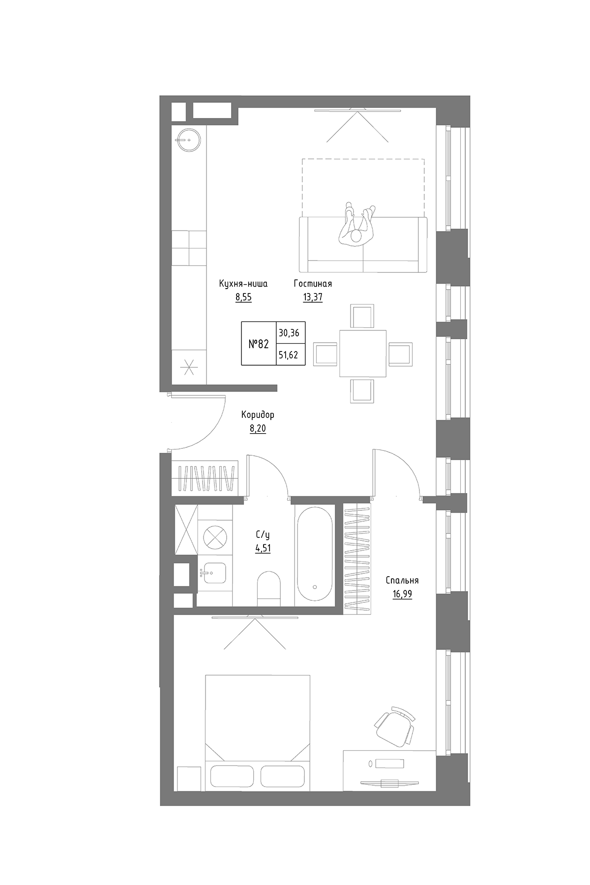 Планировка — Резиденция на Сары Садыковой, 2-комн., 52 м²