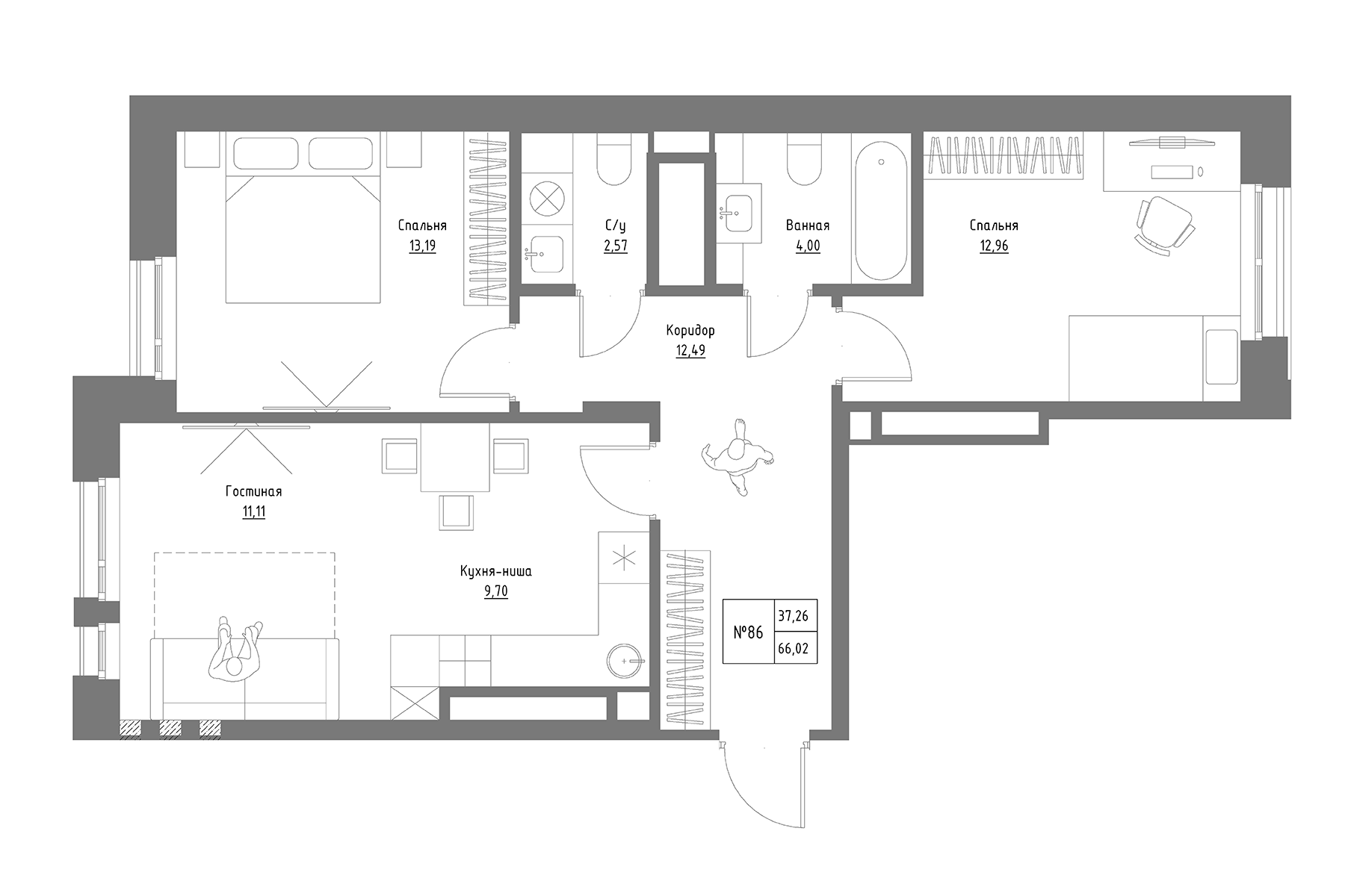 Планировка — Резиденция на Сары Садыковой, 3-комн., 66 м²
