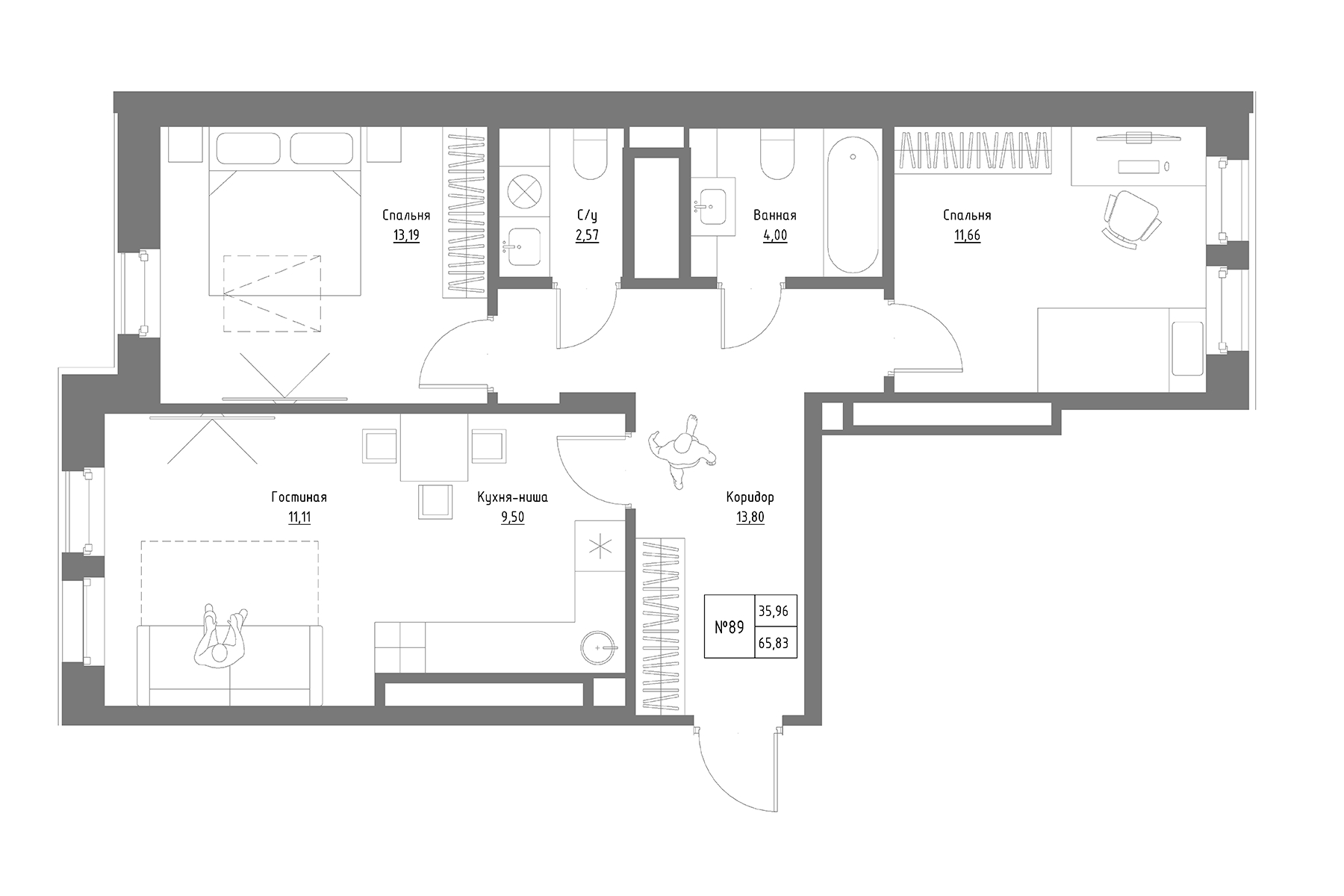 Планировка — Резиденция на Сары Садыковой, 3-комн., 66 м²