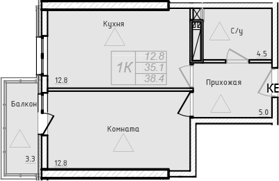 Планировка — Academia, 1-комн., 35 м²