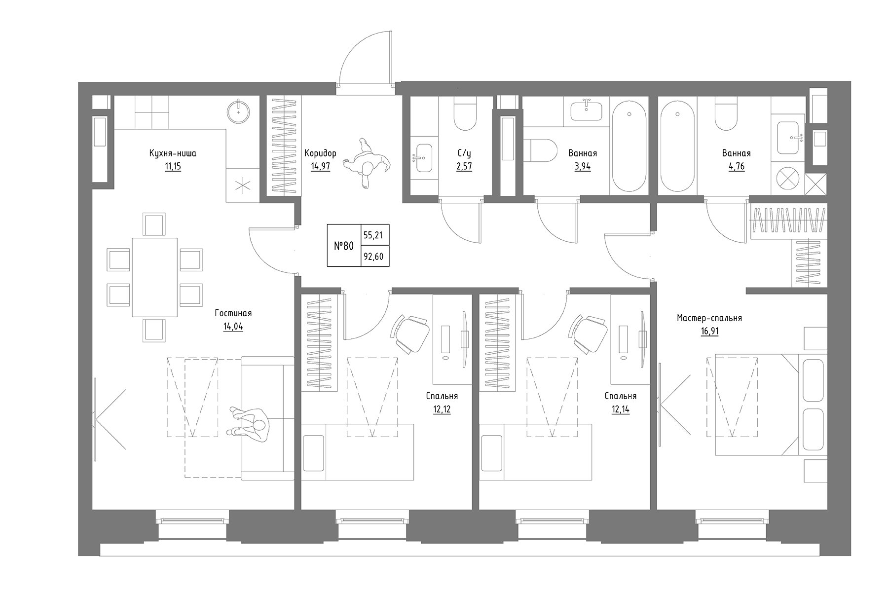 Планировка — Резиденция на Сары Садыковой, 3-комн., 93 м²