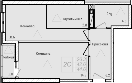 Планировка — Academia, 1-комн., 43 м²