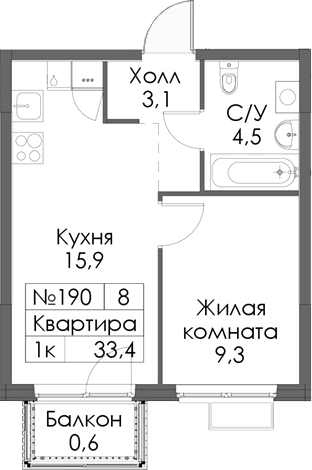 Планировка — Нокса парк, 1-комн., 33 м²