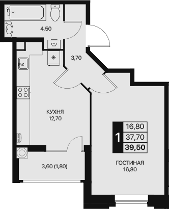 Планировка — Эстет, 1-комн., 38 м²