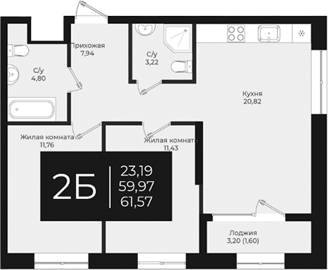 Планировка — Nova 2, 2-комн., 60 м²