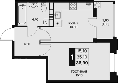 Планировка — Эстет, 1-комн., 35 м²