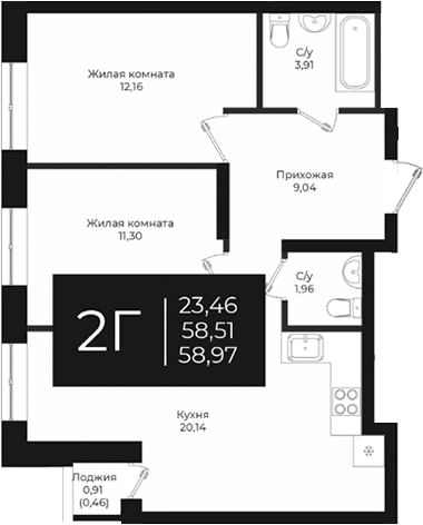 Планировка — Nova 2, 2-комн., 59 м²