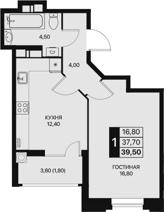 Планировка — Эстет, 1-комн., 38 м²