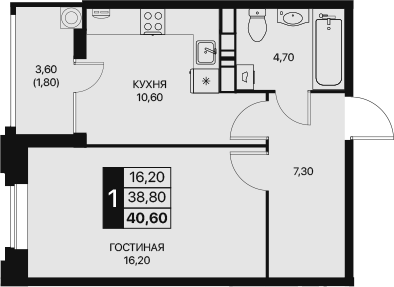 Планировка — Эстет, 1-комн., 39 м²