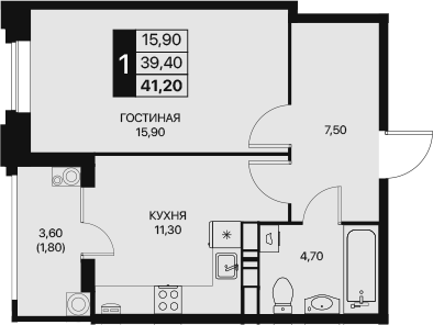 Планировка — Эстет, 1-комн., 39 м²