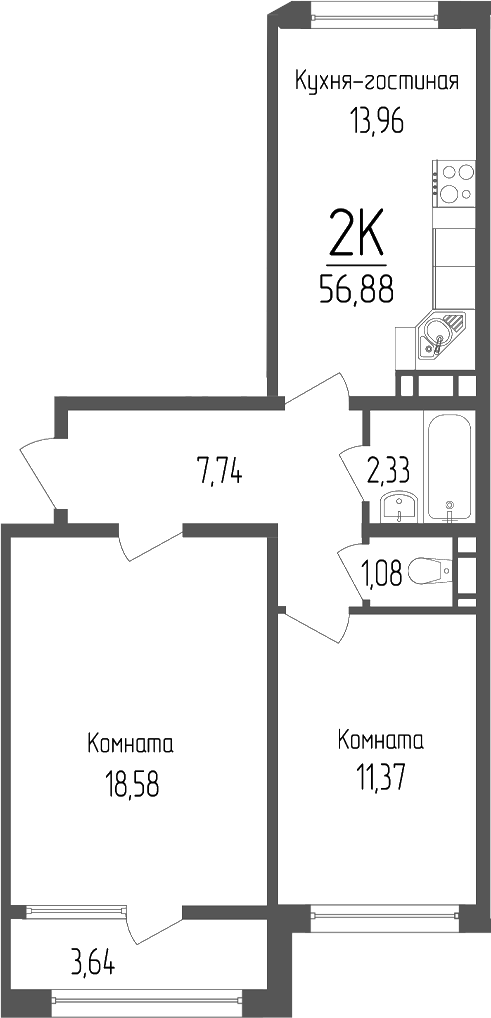 Планировка — Портрет 2, 2-комн., 55 м²