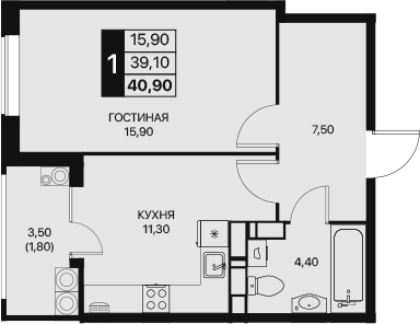 Планировка — Эстет, 1-комн., 39 м²
